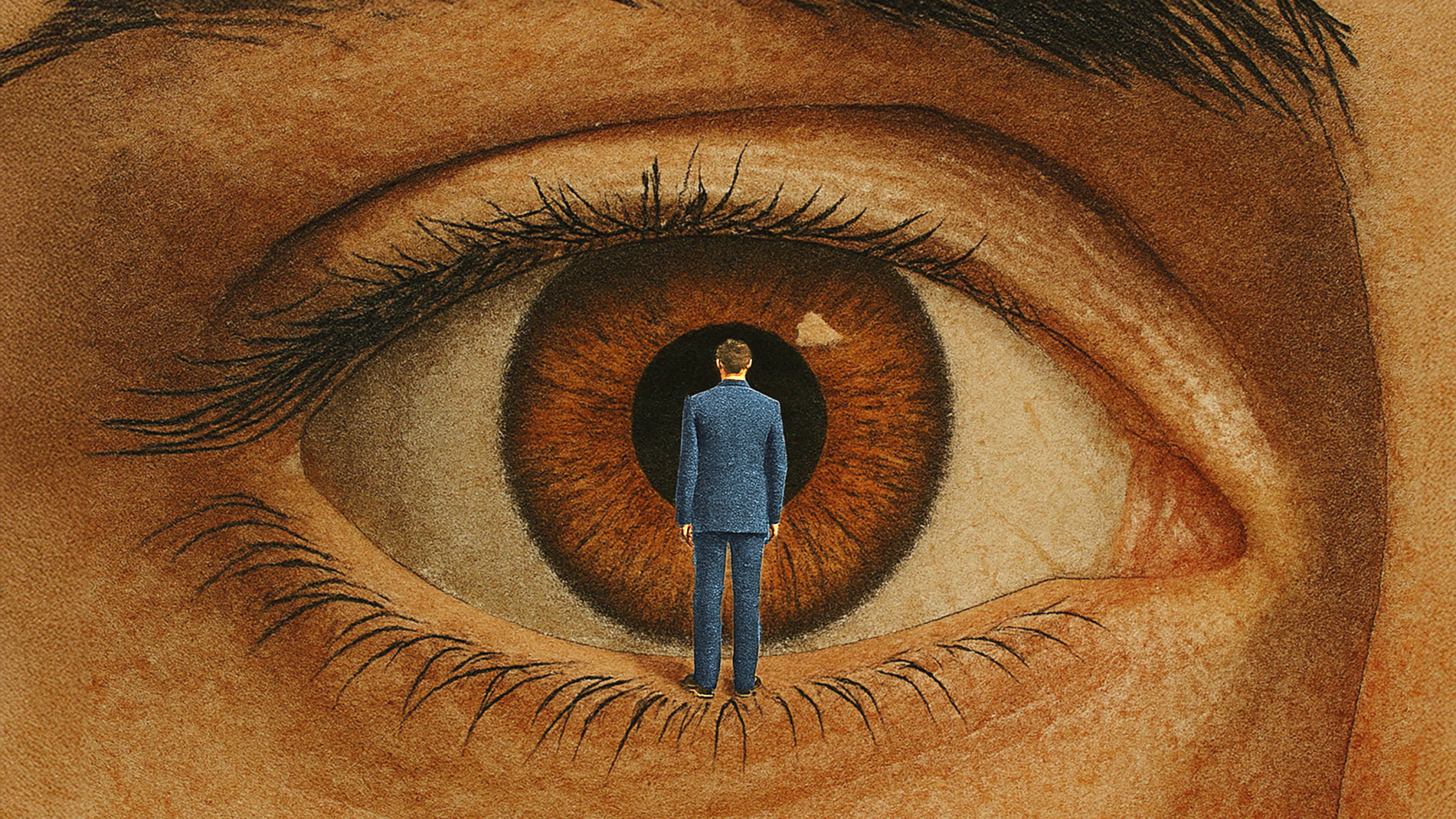 A man in a suit stands facing a large human eye, positioned at the center of the pupil as if about to step inside.
