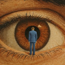 A man in a suit stands facing a large human eye, positioned at the center of the pupil as if about to step inside.