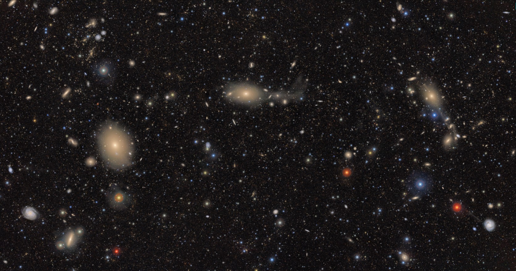A dense field of galaxies and stars scattered across the dark expanse of outer space, highlighted by a stellar stream escaping a distant galaxy, with various colors and sizes visible.