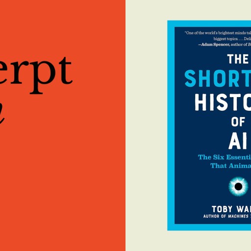 Book cover of "The Shortest History of AI" by Toby Walsh on a light background, next to bold text reading "an excerpt from" on an orange background.