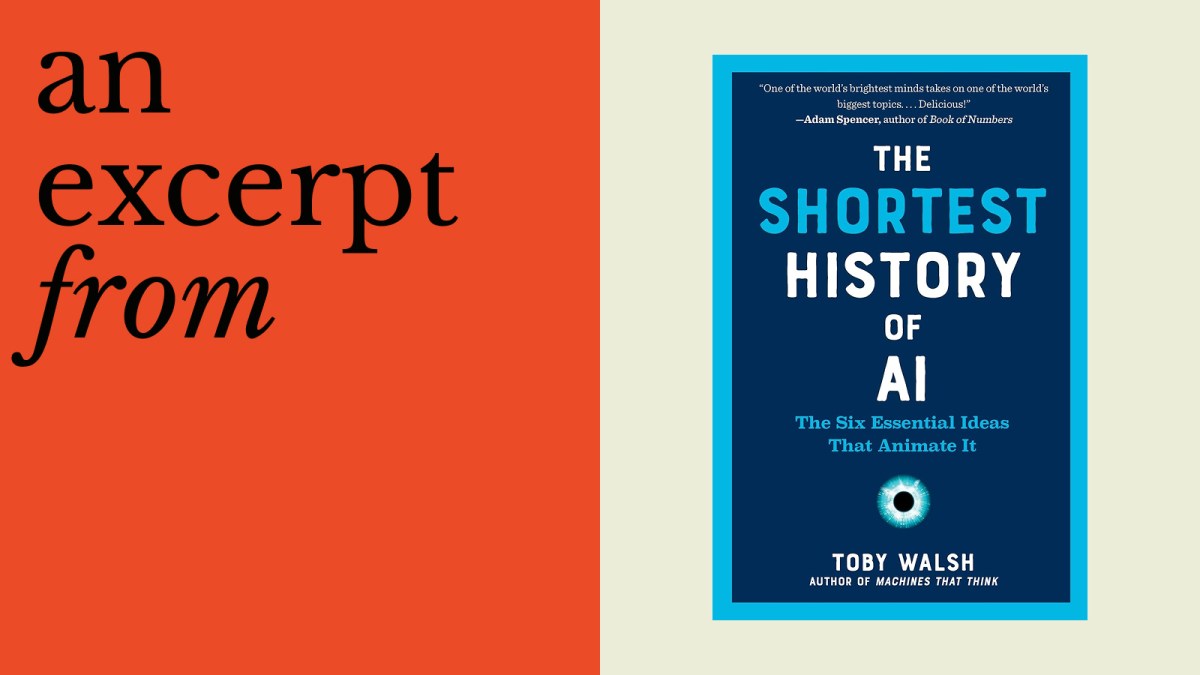 Book cover of "The Shortest History of AI" by Toby Walsh on a light background, next to bold text reading "an excerpt from" on an orange background.
