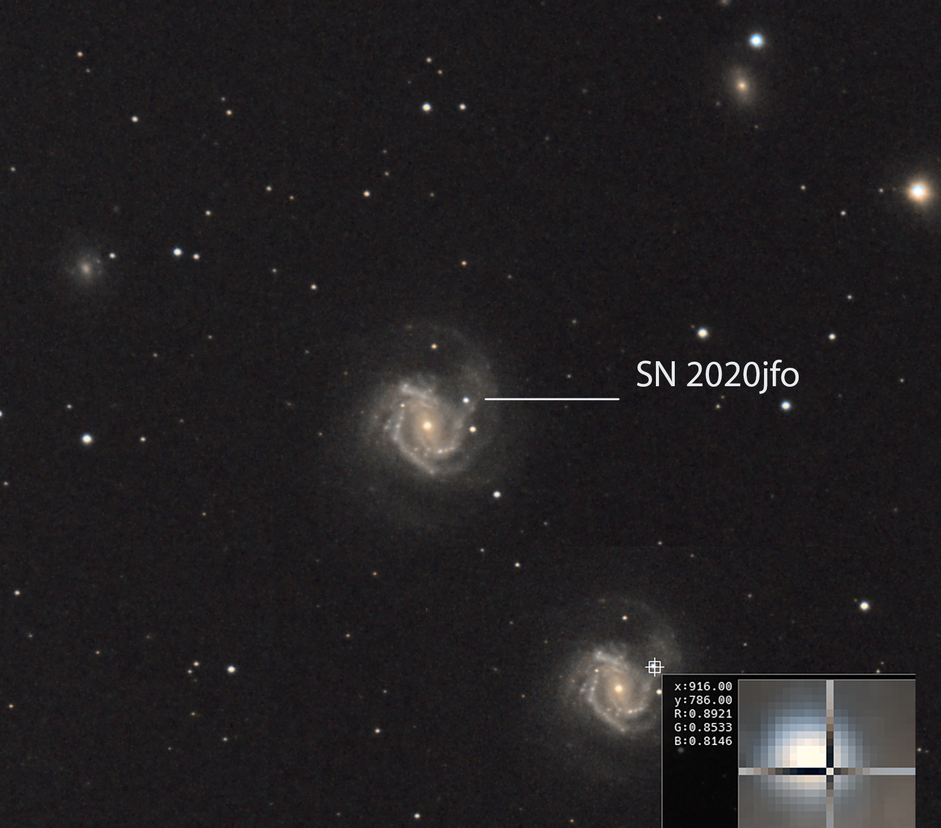 Spiral galaxy with a labeled point, SN 2020jfo, marking a supernova; stars, another galaxy, and a faint stellar stream escaping the galaxy are visible, with a zoomed-in inset highlighting the supernova’s location.