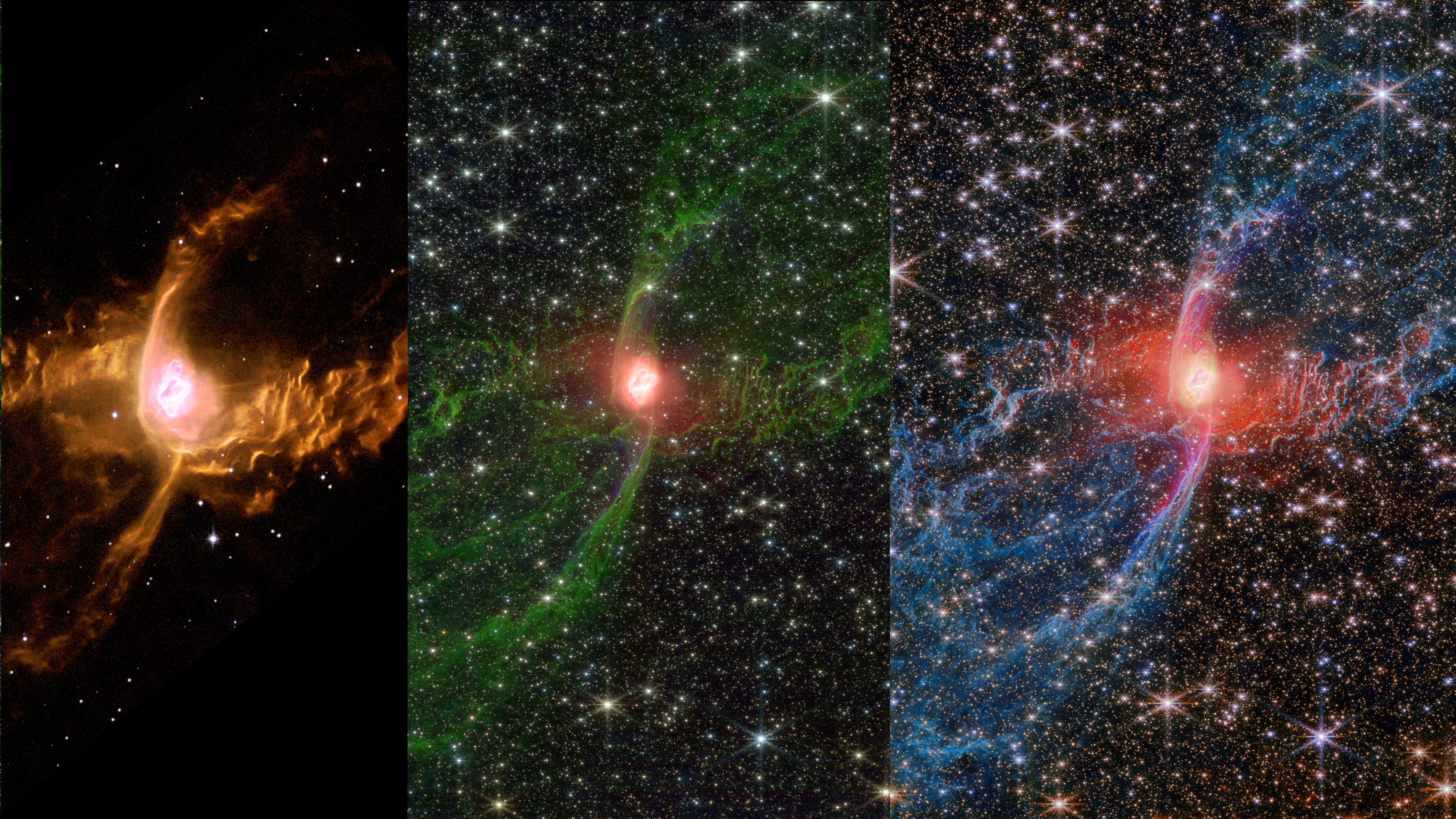 Three side-by-side images show different views of the Red Spider Nebula in space, captured by JWST, with a bright center and colorful gases in orange, green, and blue against a backdrop of stars.