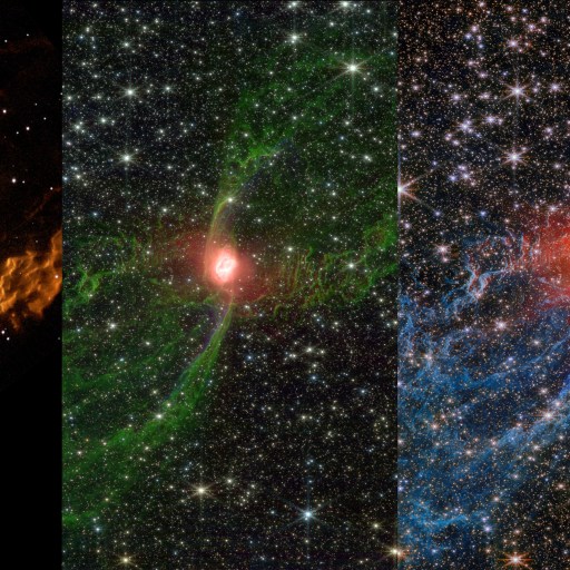 Three side-by-side images show different views of the Red Spider Nebula in space, captured by JWST, with a bright center and colorful gases in orange, green, and blue against a backdrop of stars.