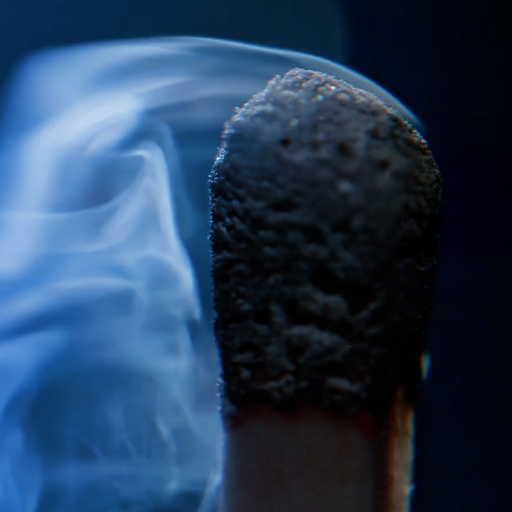 Close-up of a burnt matchstick with smoke swirling around its charred tip against a dark background.