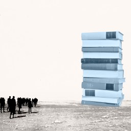 Silhouettes of people walk toward a large stack of books on a barren, monochrome landscape with a pale background.