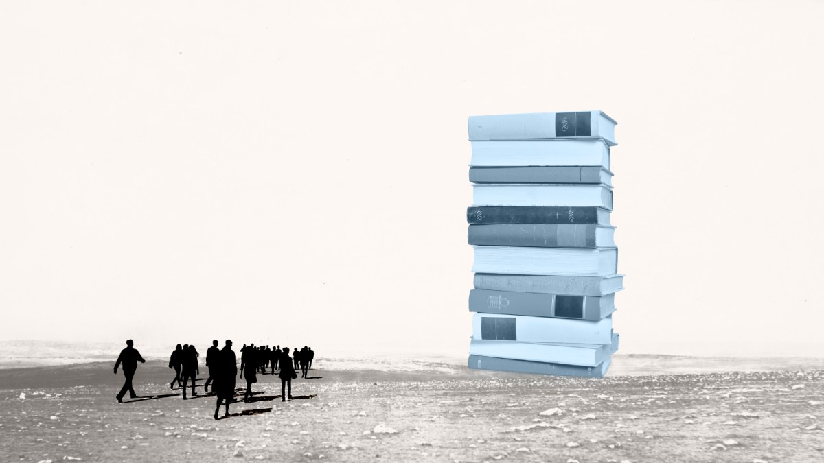 Silhouettes of people walk toward a large stack of books on a barren, monochrome landscape with a pale background.