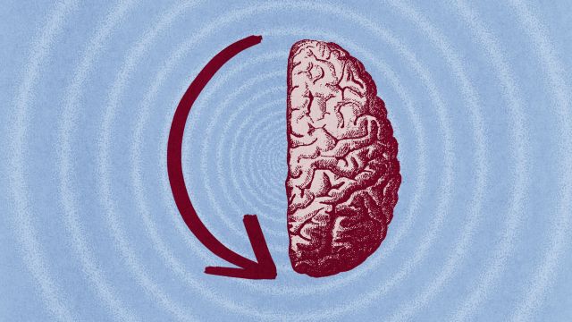 A stylized image of a red brain half with a curved red arrow pointing downward, set against a blue background with circular patterns.