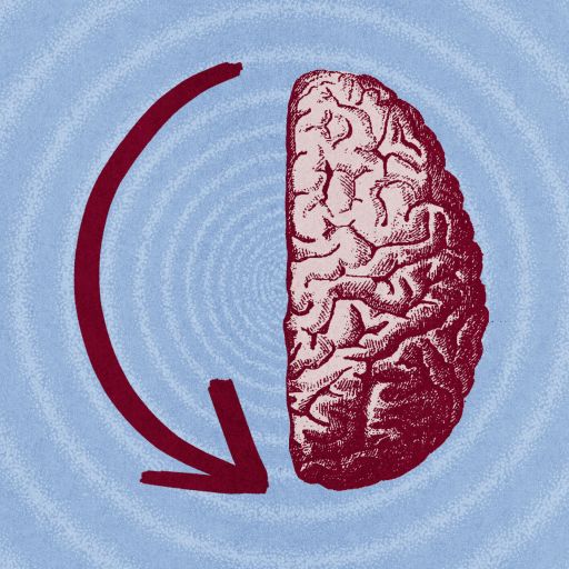 A stylized image of a red brain half with a curved red arrow pointing downward, set against a blue background with circular patterns.
